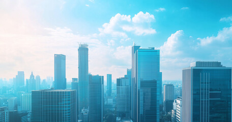 Aerial View of City Skyline and Skyscrapers Under Blue Sky and White Clouds