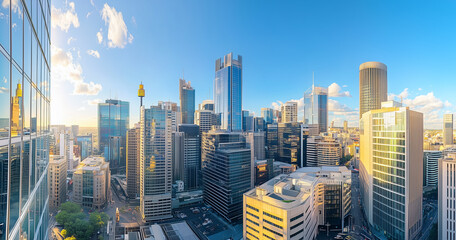 Obraz premium Aerial View of City Skyline and Skyscrapers Under Blue Sky and White Clouds