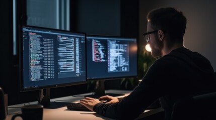 A programmer intently works on website design, illuminated by dual monitors displaying code, symbolizing innovation and focus.