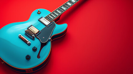 Vintage electric guitar on red background, copy space for text or logo. Banner concept, close up, top view