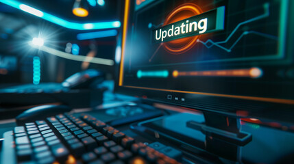 Close-up of computer screen showing software update progress bar with "Updating" text, keyboard and mouse visible in blurred background, modern technology and digital transformation concept.