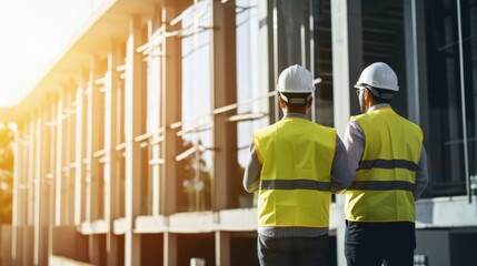 Two engineers in yellow helmets stand confidently at a construction site, embodying teamwork and dedication amid a rising structure.