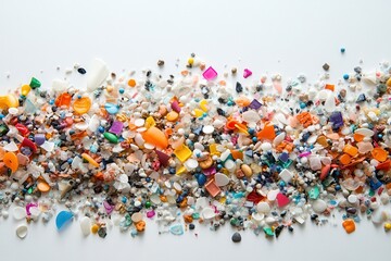 Microplastic particles and nurdle pollution discovered on a light background