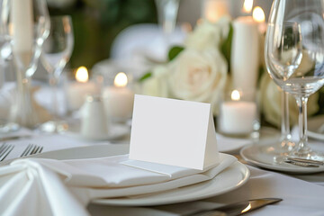 Mockup of white gift card. Greeting card at light beige background. Menu card in restaurant luxury table. Copy space for text or logo or message.	