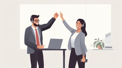 Animated colleagues celebrate success with enthusiastic high-fives, embodying teamwork, achievement, and positivity in a modern office setting.