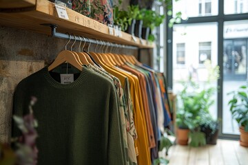 Colorful slow fashion clothes on hangers in a fashion store