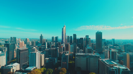 Fototapeta premium Aerial View of City Skyline and Skyscrapers Under Blue Sky and White Clouds