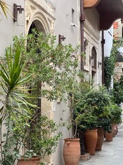 Fototapeta premium Rethymno, Crete - September 27th, 2023: Exterior of building in old town Rethymno, Crete, Greece.