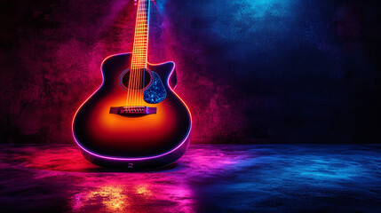 A guitar with neon glow effect on a dark background representing the concept like rock and night club party, musical banner concept with copy space for text, logo, ad	