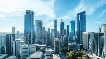 Fototapeta premium Aerial View of City Skyline and Skyscrapers Under Blue Sky and White Clouds