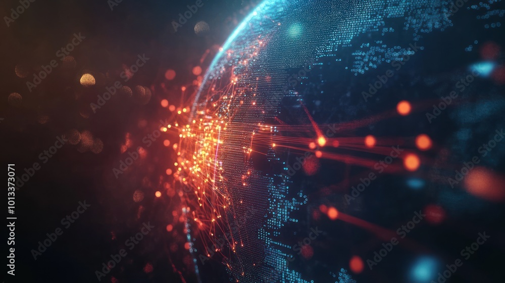 Poster a digital representation of a globe with interconnected nodes and lines, symbolizing data flow.