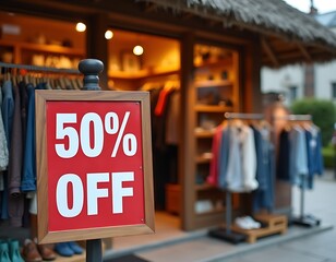 "50% off" text on red sale signboard in front of retail shop