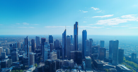 Fototapeta premium Aerial View of City Skyline and Skyscrapers Under Blue Sky and White Clouds