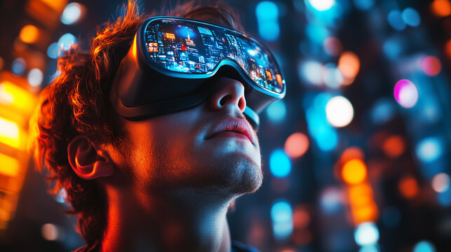 Man Wearing VR Headset in a Futuristic Setting