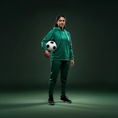 woman soccer player and fan cheering for her favorite club and team. world cup green background. arab woman girl
