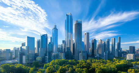 Obraz premium Aerial View of City Skyline and Skyscrapers Under Blue Sky and White Clouds