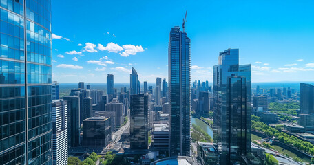 Obraz premium Aerial View of City Skyline and Skyscrapers Under Blue Sky and White Clouds