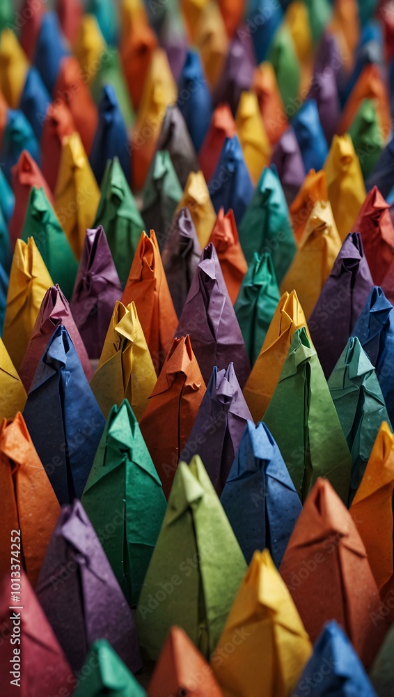 Poster an origami representation of a diverse crowd, symbolizing unity in an urban setting.
