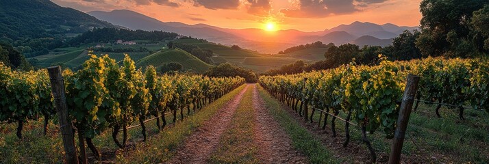 Serene Sunset Over Rolling Vineyards and Grape Vines - Panorama Style