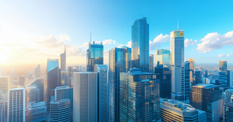 Obraz premium Aerial View of City Skyline and Skyscrapers Under Blue Sky and White Clouds