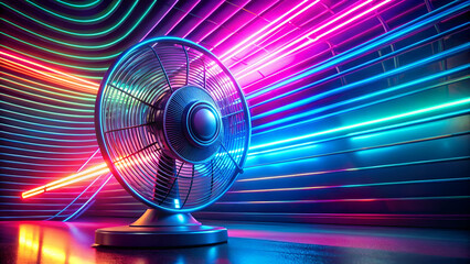A 1980s-style desktop fan with glowing neon blades spinning in a futuristic setting.