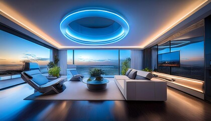 A futuristic living room with sleek, minimal furniture, smart home technology, and LED lighting features. Generative AI