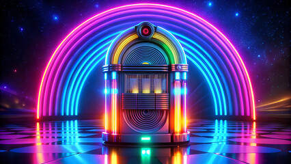 A neon-lit jukebox playing digital holographic music records, with sound waves glowing in the air.