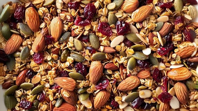 Granola is combining rolled oats, almonds, pumpkin seeds and cranberries, creating a delicious and healthy breakfast or snack