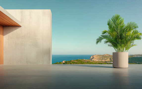 Modern architectural space featuring a palm plant overlooking an ocean view on a clear day