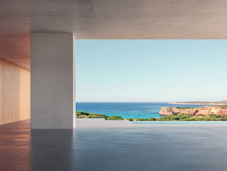 Fototapeta premium Modern interior with ocean view from floor-to-ceiling windows at a coastal location