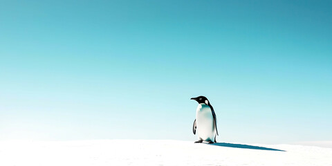 Fototapeta premium A penguin stands on a snow covered hillside