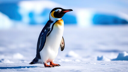 Fototapeta premium A penguin stands on a snowy surface, looking out into the distance