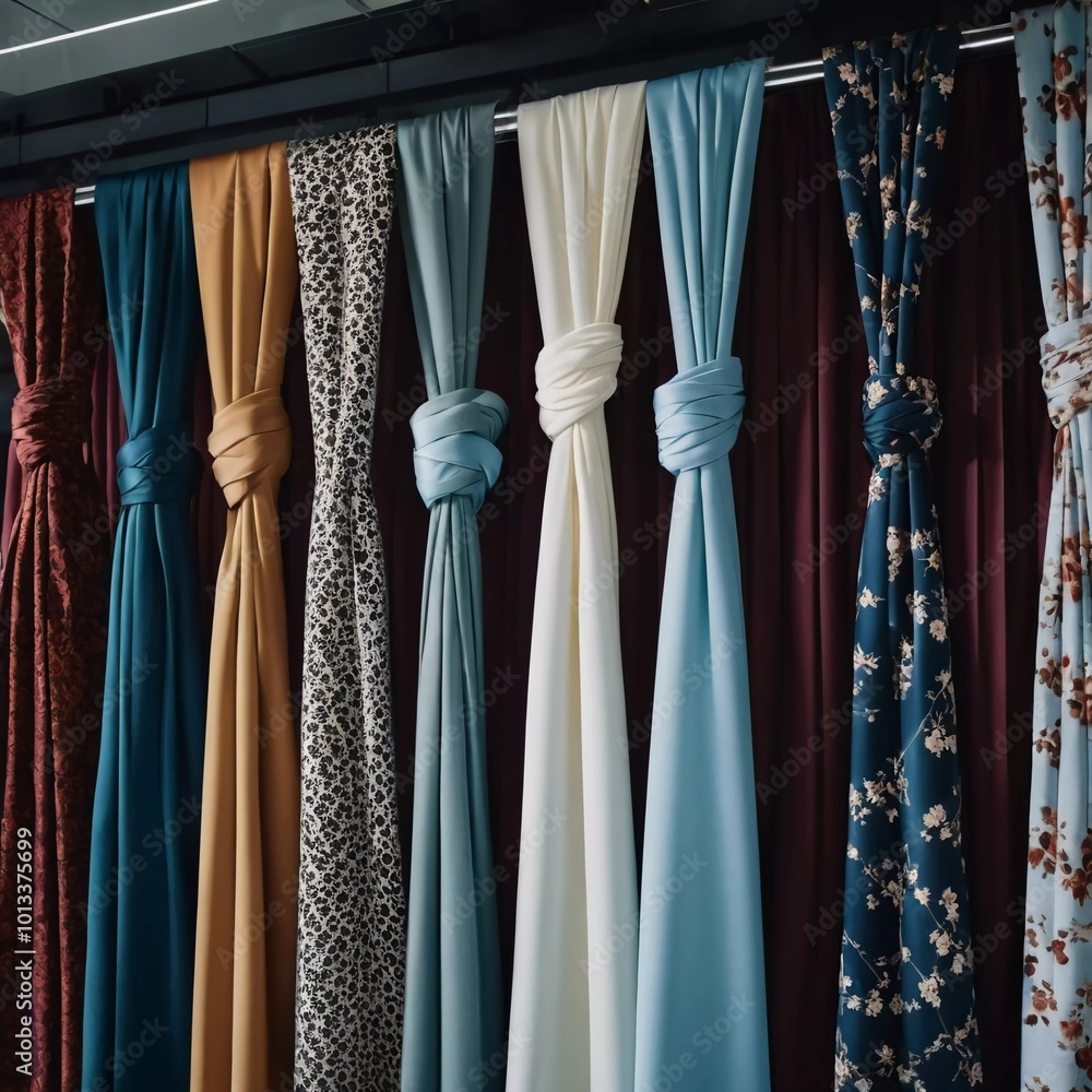 Poster intricately tied curtain knots hang gracefully in a textile shop, displaying a vibrant array of colo