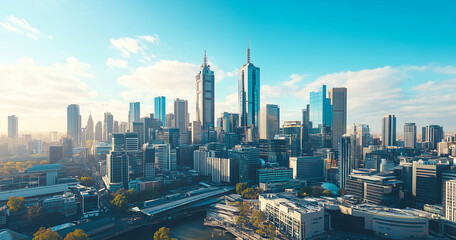 Obraz premium Aerial View of City Skyline and Skyscrapers Under Blue Sky and White Clouds