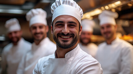 Smiling chef in professional kitchen standing confidently with his team in white uniforms, culinary teamwork and leadership, representing restaurant success, gourmet cooking, and hospitality staff.