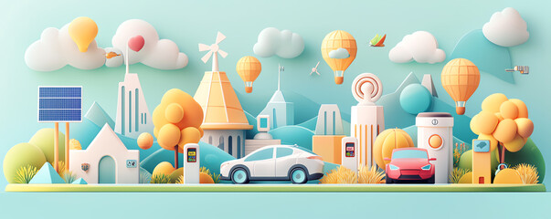 Clean, futuristic city with EV cars at solarpowered stations, surrounded by ecofriendly highrise buildings