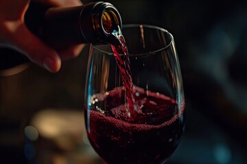 A hand holds a bottle and pours red wine into a glass. drinking alcohol and party celebration concept