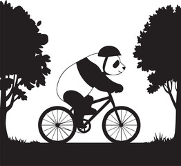 A monochromatic silhouette of a panda riding a bicycle.The background is white. Art & Illustration