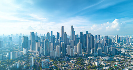 Obraz premium Aerial View of City Skyline and Skyscrapers Under Blue Sky and White Clouds