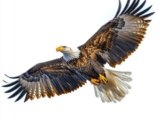 Obraz premium dynamic clipart of a bald eagle soaring through the skies wings spread wide against a bright white backdrop symbolizing freedom and strength in a simple striking design