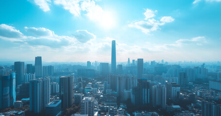 Obraz premium Aerial View of City Skyline and Skyscrapers Under Blue Sky and White Clouds