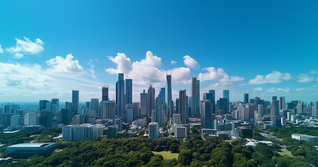 Fototapeta premium Aerial View of City Skyline and Skyscrapers Under Blue Sky and White Clouds
