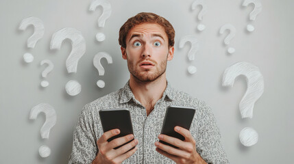 Confused man holding two smartphones with question marks around his head, symbolizing decision-making challenges, modern technology dilemmas, and communication overload in a humorous, relatable scene.