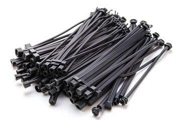 A collection of black cable ties in various sizes and shapes, neatly arranged and isolated on a clean white background, awaiting organization.