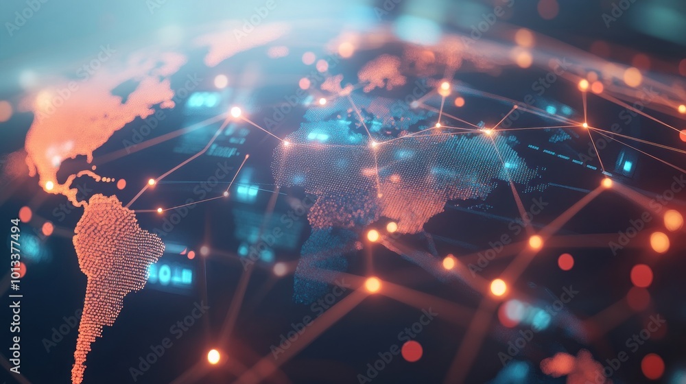 Poster digital representation of a global network with interconnected nodes and data flow.
