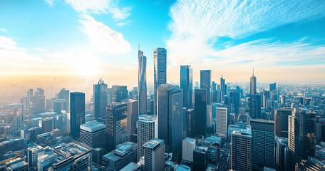 Obraz premium Aerial View of City Skyline and Skyscrapers Under Blue Sky and White Clouds