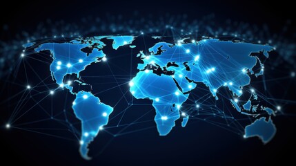 A digital map of a lit-up world network showcases global communication connections, emphasizing strategy and modern technology integration.