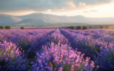 Obraz premium Lavender field with purple flowers under a cloudy sky at sunset. Landscape photography. Summer season and agriculture concept.