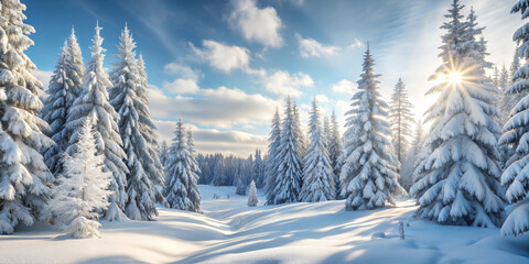 Fototapeta premium Winter landscape with snow-covered trees under a bright sun in a tranquil forest setting. Generative AI