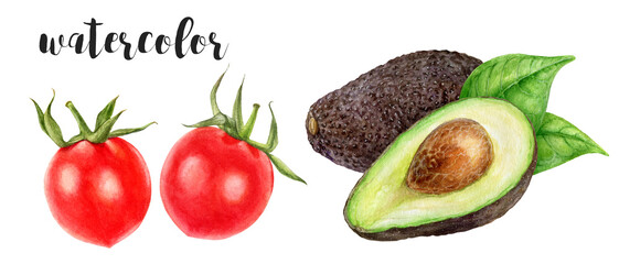 Hand-Painted Watercolor Cherry Tomatoes and Avocado Botanical Illustration
